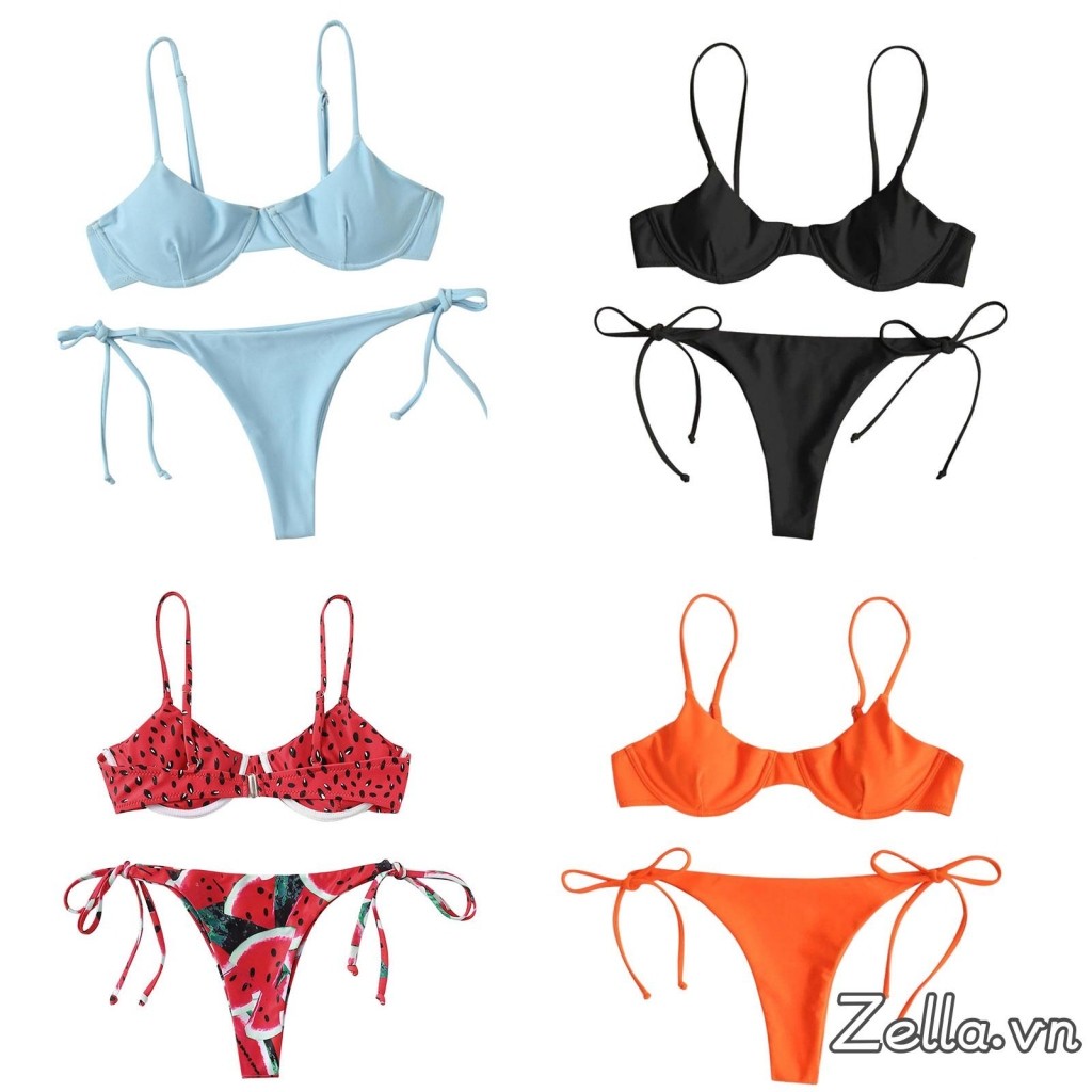 Bộ Bikini Nữ Màu Trơn / In Hình Cổ Chữ V + Quần Lót Ren Mùa Hè Chia Bộ Đồ Tắm