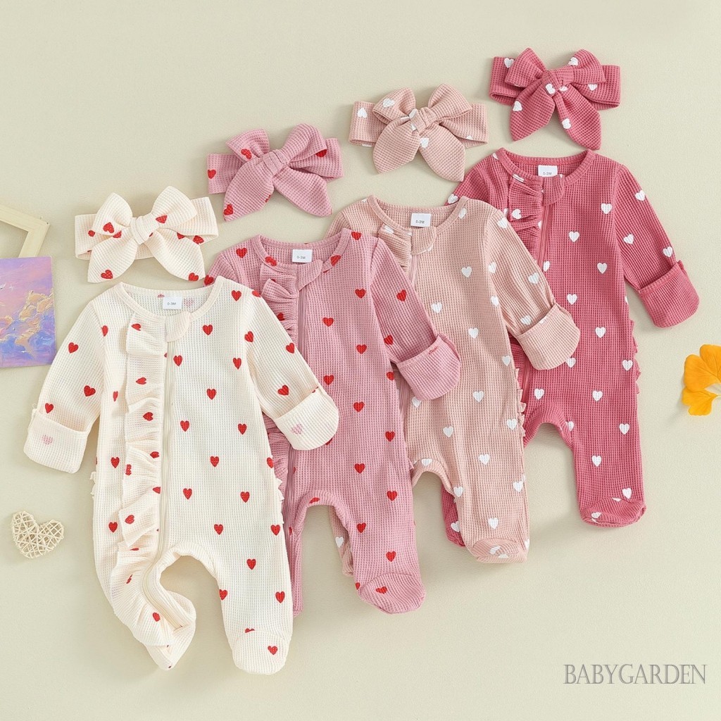Baga-cô gái sơ sinh Ngày lễ tình nhân Áo liền quần có băng đô dài tay cổ tròn in hình trái tim Ruffle Dây kéo Quần áo trẻ em 0-6M