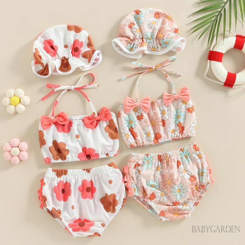 Baga-0-24 Tháng Tuổi Bé Gái 3 Bộ Bikini In Hoa Dây Áo + Quần Short + Mũ Bơi Đồ Bơi