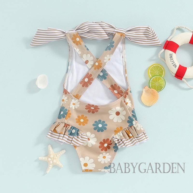 Baga-1-6 Tuổi Bé Gái Đồ Bơi In Hoa Nơ Dây Đeo Vai Đi Biển Không Tay Xù Đi Biển Mùa Hè Đi Biển Bộ Đồ Tắm