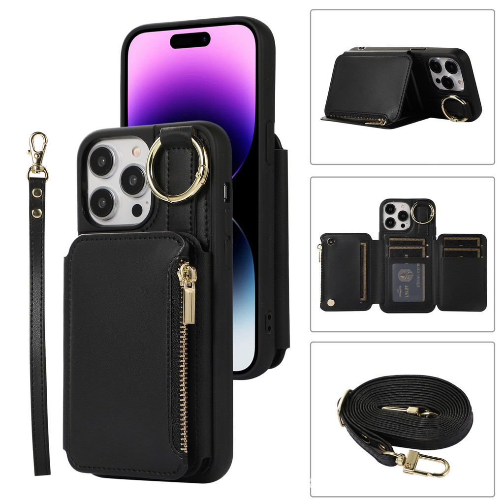 Dây Đeo Cổ Tay Đeo Ngang Ốp Lưng Điện Thoại IPhone 16 15 14 13 12 11 Pro Max Plus Ví Có Đựng Thẻ Da PU Bảo Vệ Chống Sốc