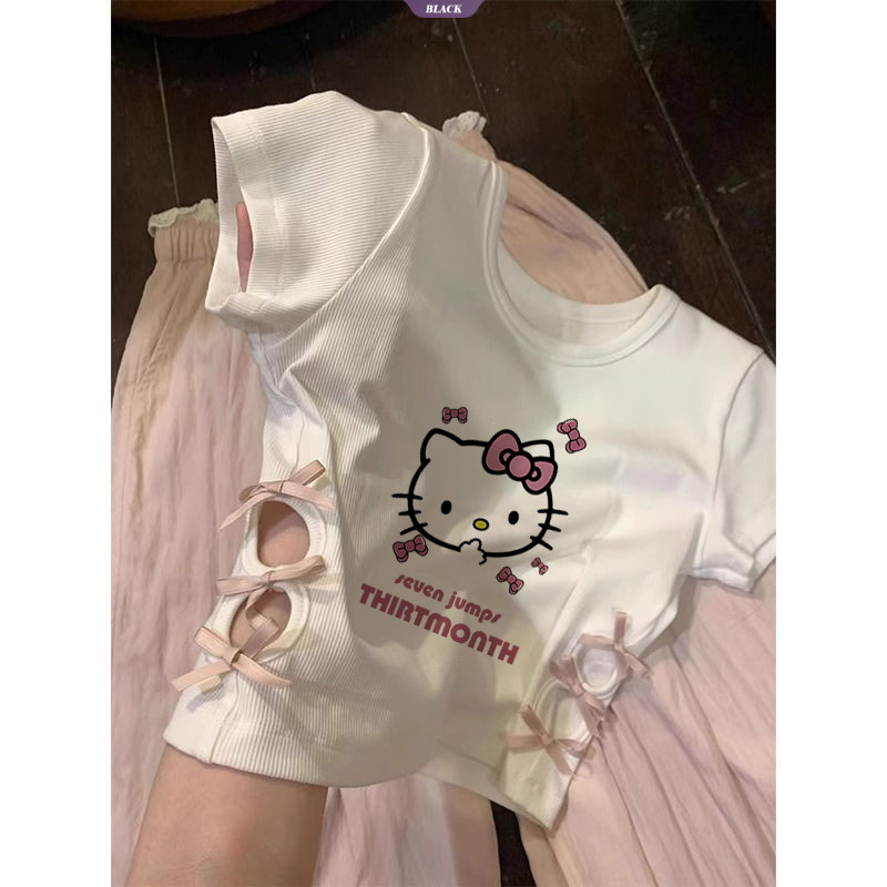 Áo thun ngắn tay vai tích cực Hello Kitty màu trắng Nữ mùa hè mới Mẫu ngắn mỏng mỏng nơ rỗng [BL]