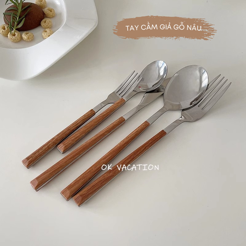 Bộ Dao Muỗng Dĩa Thìa Inox Cán Giả Gỗ Phong Cách Hàn Quốc Dùng Ăn Bít Tết, Đồ Âu - Thìa Nĩa Ăn Tráng Miệng Cao Cấp | 242