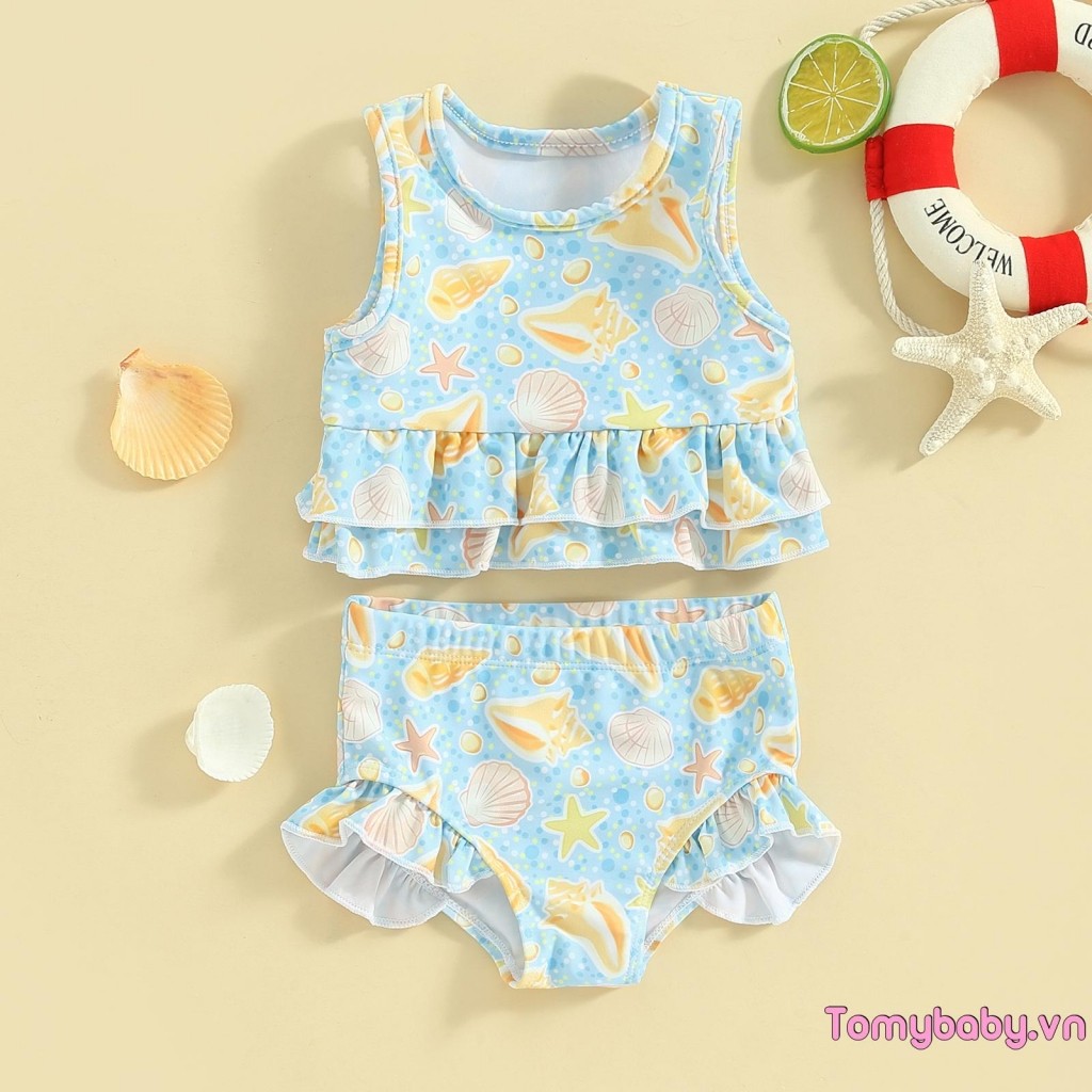 Bộ đồ tắm mùa hè cho bé gái Bộ đồ tắm không tay in hình sao biển + Bộ đồ bơi quần short