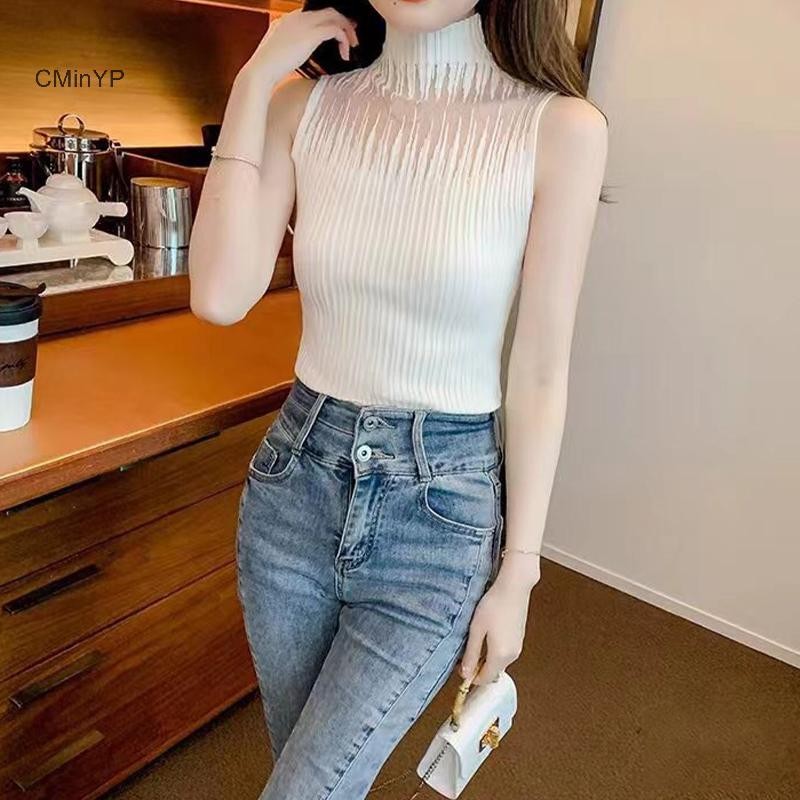 Cminyp Mùa Hè Hàn Quốc Nửa Cổ Rùa Rỗng Dệt Kim Áo Vest Nữ Màu Trơn Không Tay Slim Tank Top Glory