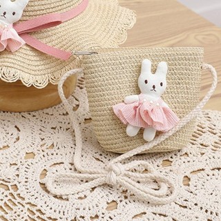 Túi Rơm Mini MELEN, Dây Kéo Hoạt Hình Bunny Kid Túi Messenger, Dễ Thương Handmade Dệt Tiền Xu Đạo Cụ Ảnh Túi Xách Đeo Ngang