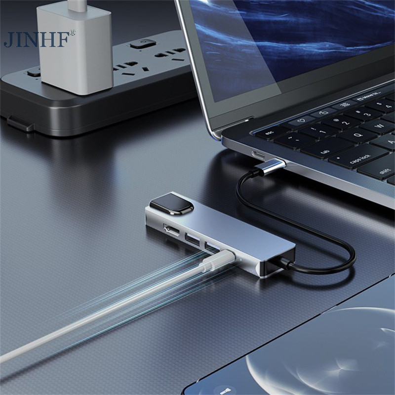 JINHF 5 Trong 1 USB C Hub Loại C Sang 4K Bộ Chuyển Đổi Tương Thích RJ45 Mạng 100M Ethernet Lan Cổng Sạc Adapter Cho Pro HOT