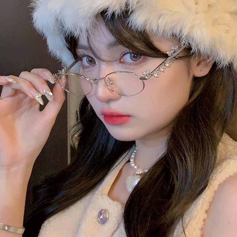 Kính khung kim loại kim loại sang trọng - Kính mắt phẳng hình bầu dục khung nhỏ - viền kim cương cổ điển - Kính mắt đọc sách thời trang - Kính mắt trang trí nữ