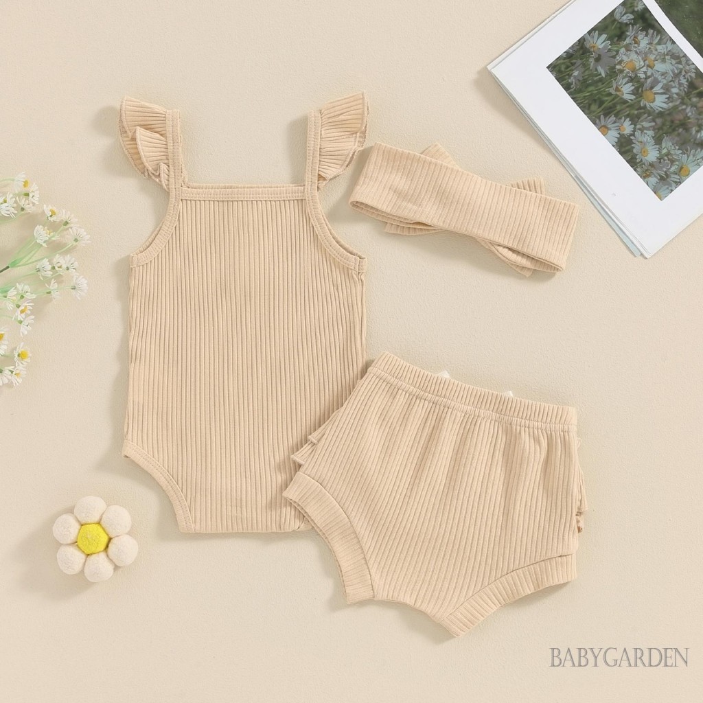 Baga-bộ quần áo 3 món bé gái Áo liền quần có gân màu trơn + Quần short xù co giãn + Băng đô mùa hè