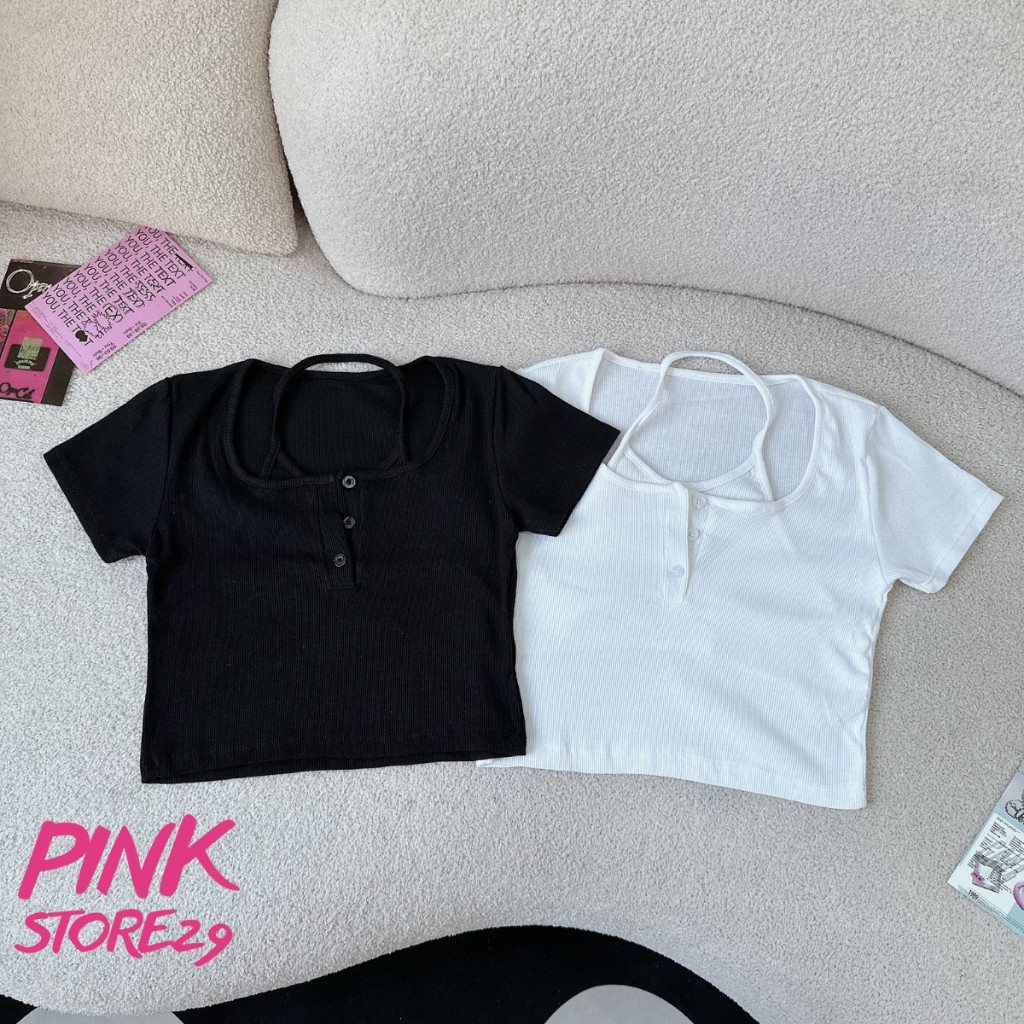 Áo Croptop Body Tay Ngắn 29 Cổ Vuông Kiểu Yếm, Khuy Cài Cổ Gợi Cảm A5257