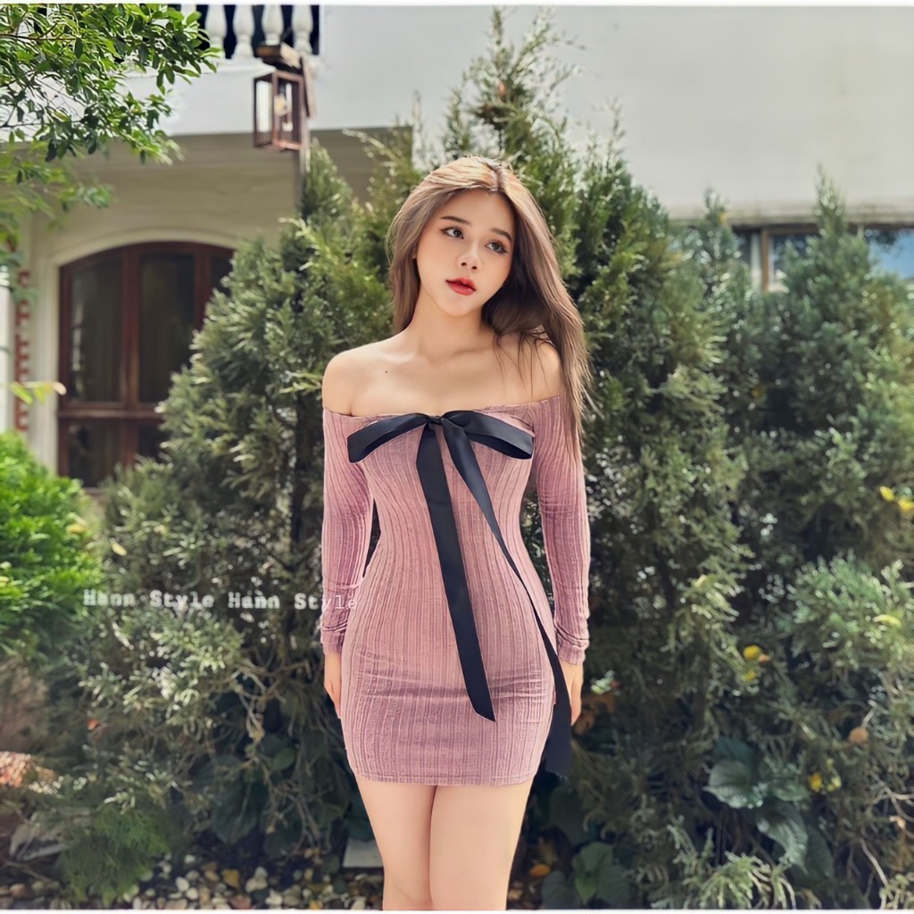 BARE_Đầm len trễ vai tay dài phối nơ ruy băng cá tính vải len mềm ôm dáng tôn đường cong - D031
