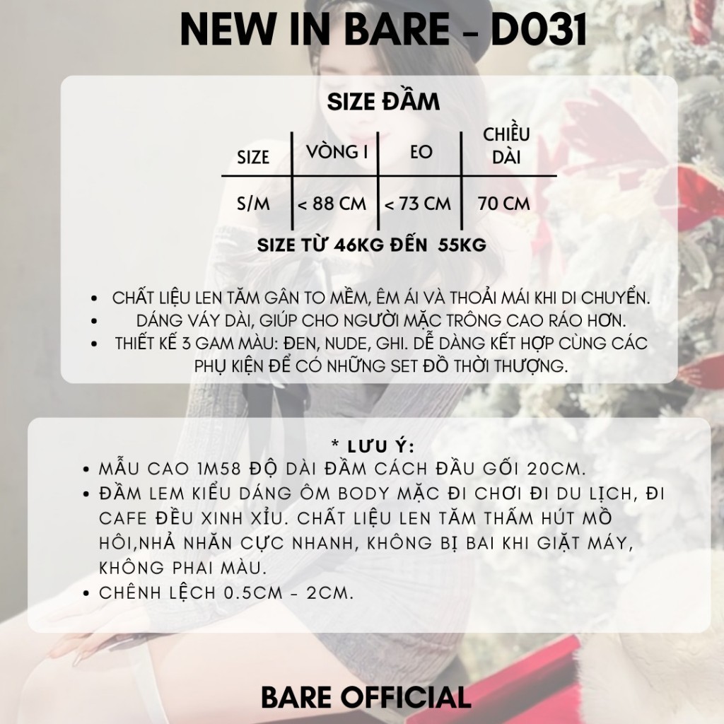 BARE_Đầm len trễ vai tay dài phối nơ ruy băng cá tính vải len mềm ôm dáng tôn đường cong - D031