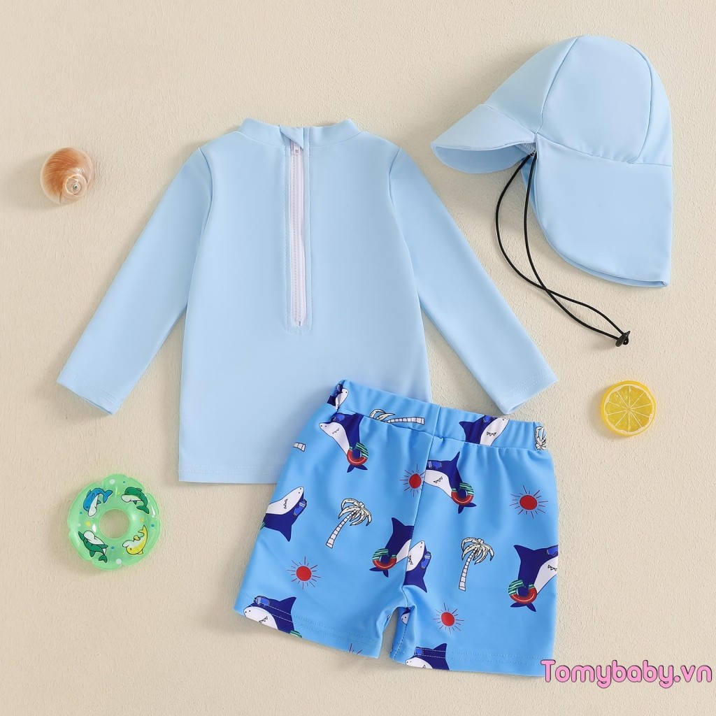Bộ đồ bơi bé trai họa tiết chống nắng Áo cổ tròn dài tay + Quần short cá mập + Bộ mũ bơi