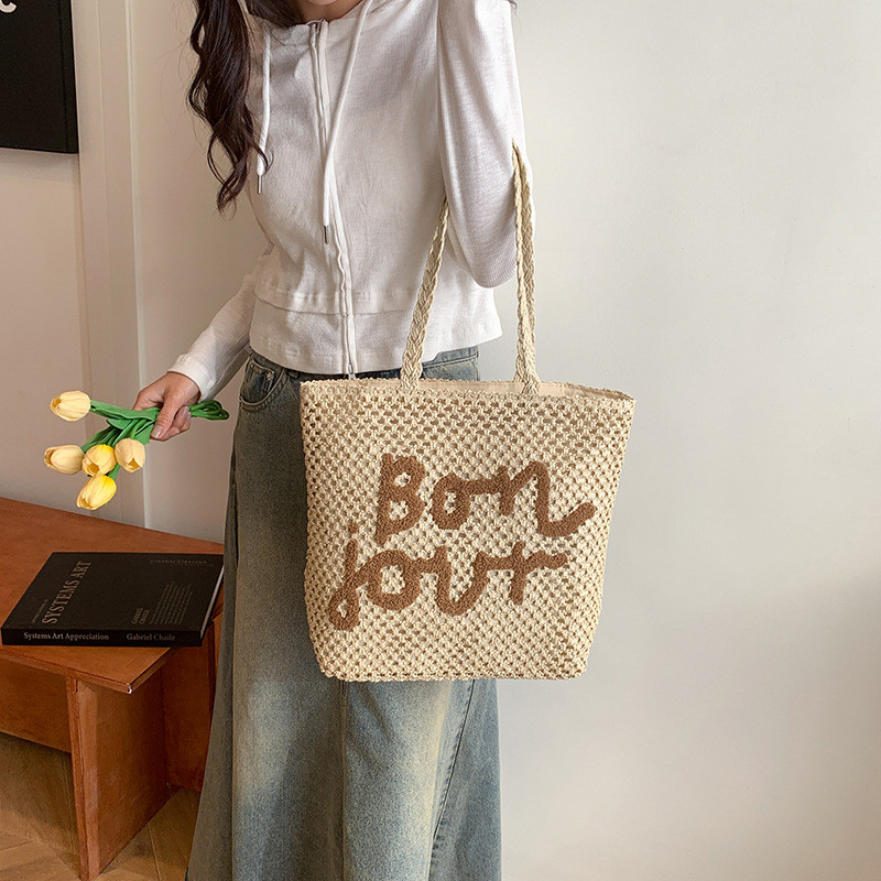 Túi tote nữ phong cách ngày lễ đi biển, ống hút vai, thêu vai, thiết kế rỗng, dung tích lớn