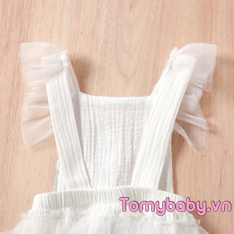Áo liền quần Hai Dây Thêu Hoa Cho Bé Gái