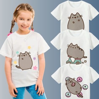 Pusheen Hoạt Hình Phổ Biến Áo Thun Cotton Cho Trẻ Em Mới Nguyên Chất Trắng Anime Thường Ngày Hàng Đầu Thời Trang Dễ Thương Tay Ngắn Bé Gái Đa Năng Quần Áo