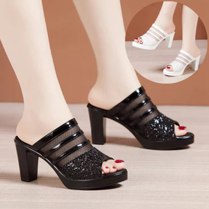Guốc Nữ Cao Gót Quai Da Lưới Phối Kim Sa Cao Cấp - MS CG3120