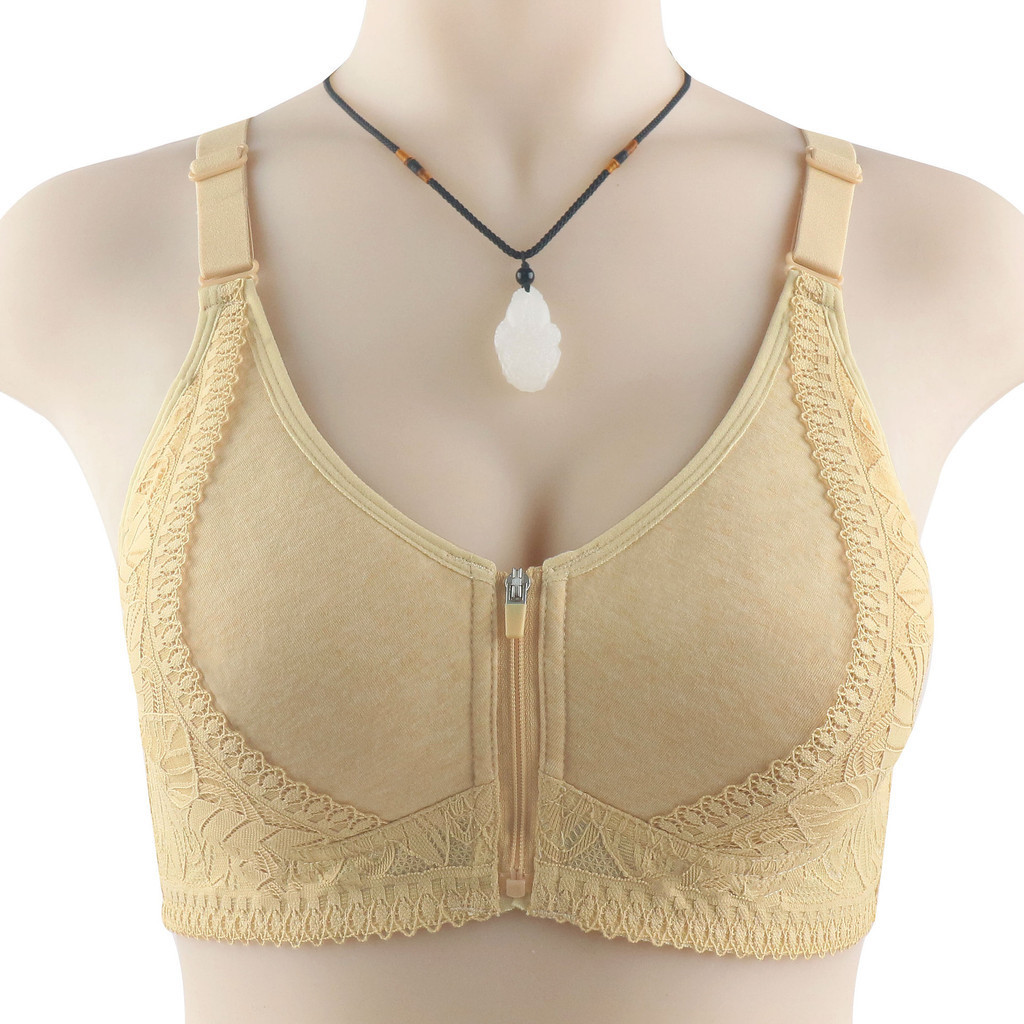 Cốc cotton mềm mới có khóa kéo phía trước đồ lót trung niên và người già dành cho nữ không có vòng thép, lưng ren đẹp, áo ngực cỡ lớn có thể điều chỉnh