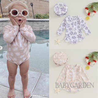 Baga-6m-3y Đồ bơi bé gái cổ tròn in hoa Zip Áo liền quần dài tay phía trước + Mũ bơi 3D Nơ Bộ đồ tắm