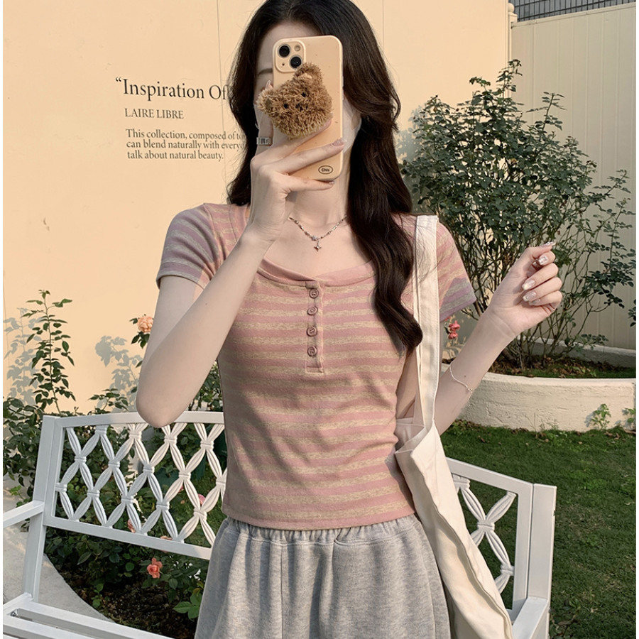 Bh mùa hè nữ cotton thẳng vai sọc áo thun ngắn tay ôm nửa cổ hở xương đòn
