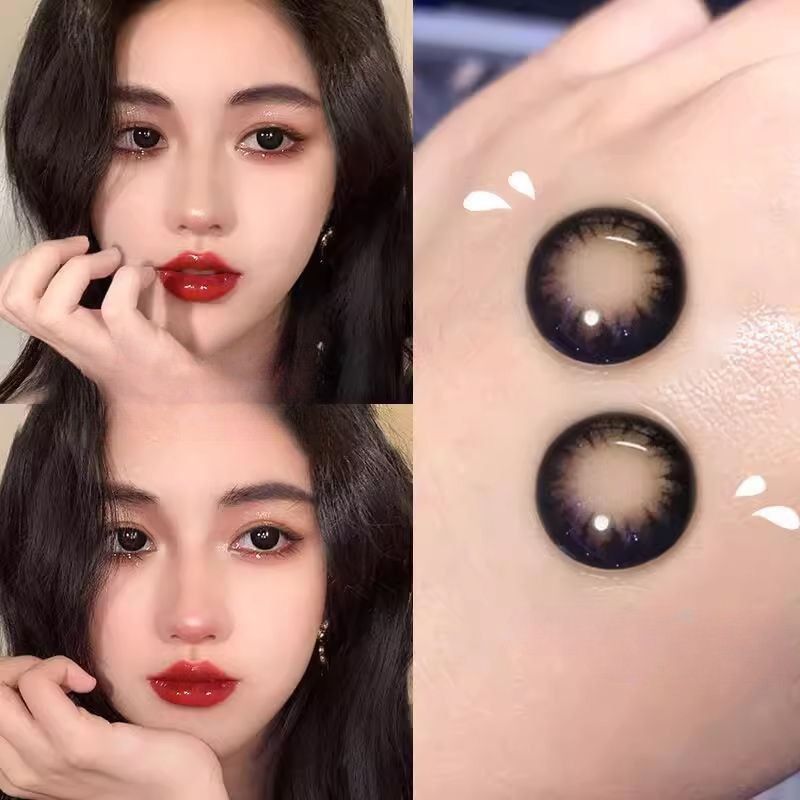 Set 2 Kính Áp Tròng Màu Đen contact lenses 0 ~ -8.00 black len 14.2mm lens cận lens nâu bean black 33