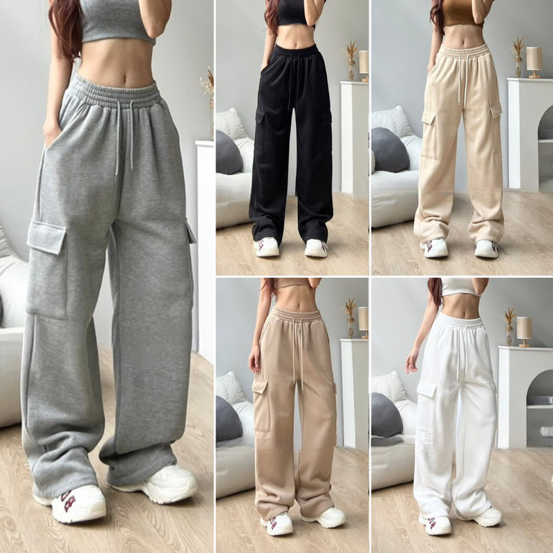 Quần yếm ống rộng túi hộp màu hồng nữ thu đông 2023, eo cao, dáng suông, cotton, thể thao