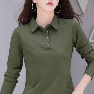Cao Cấp Cotton Nguyên Chất Dài Tay Áo Thun Nữ polo Áo Sơ Mi Đầu Thu Phong Cách Mới Bên Trong Đáy Áo Sơ Mi Nữ Mỏng Hơn Nhìn Ve Áo Thể Thao Top