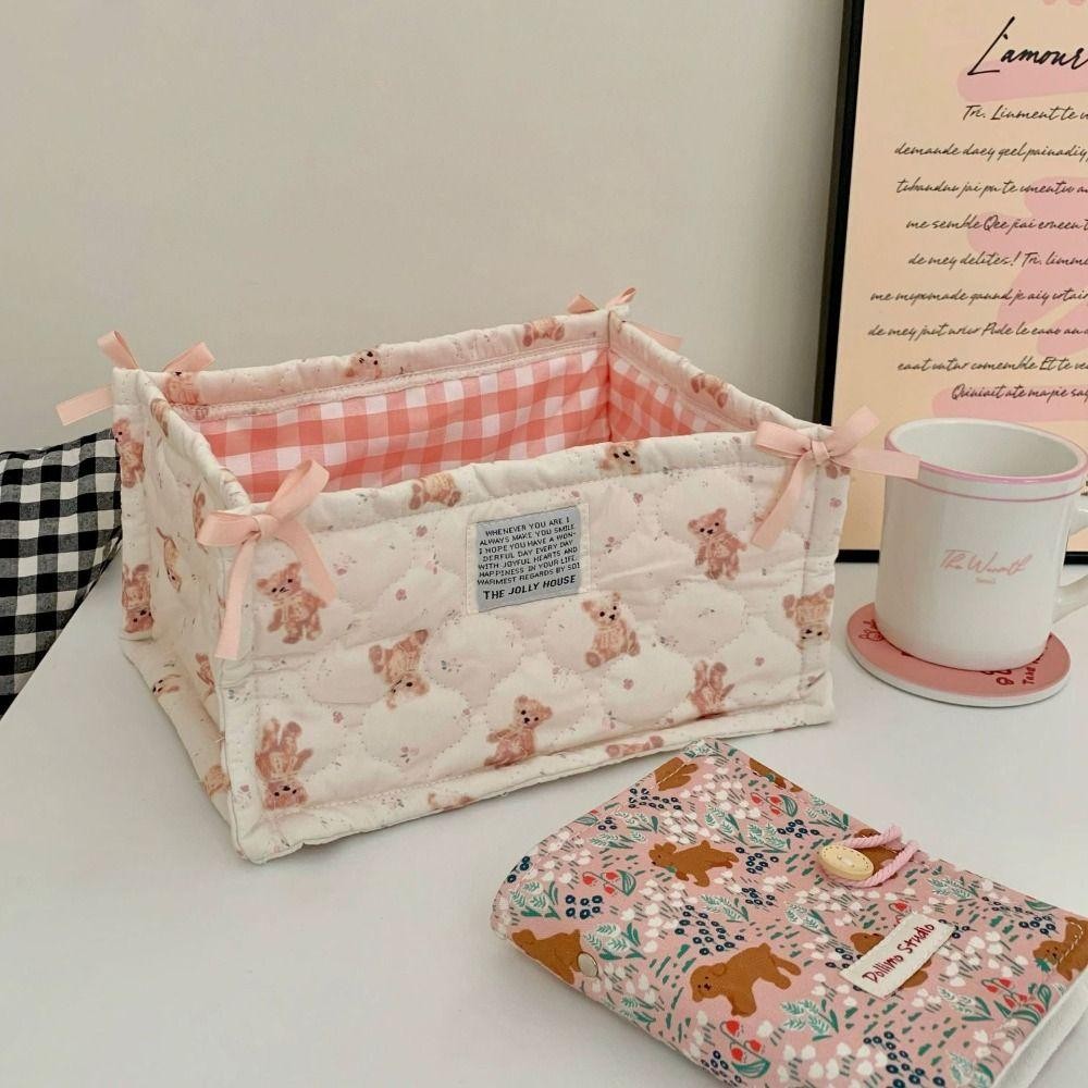 Hộp lưu trữ AWNGD, Giỏ đựng đồ để bàn vuông bằng vải Cotton, Hộp sắp xếp họa tiết gấu dung lượng cao hoạt hình Trang trí nhà cửa