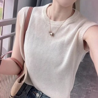 [Chất liệu Acrylic] Mùa hè 2024 Phiên bản Hàn Quốc Áo len lụa băng không tay cổ tròn đơn giản dành cho nữ Áo len mỏng hơn mọi phong cách thời trang