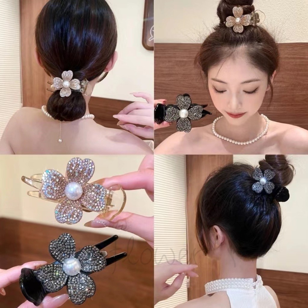 Full Diamond Pearl Bốn Lá Cỏ Ba Lá Lấy Kẹp Tóc Hoa