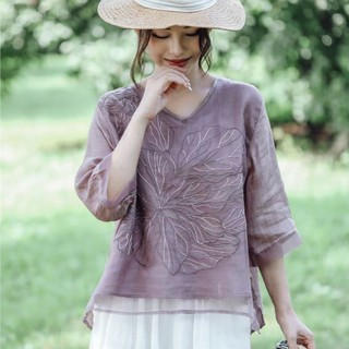 Mùa Hè 2023 Mới Cổ Chữ V Hai Lớp Máy Thêu Cotton Và Vải Lanh Áo Sơ Mi Nữ Khâu Organza Áo Sơ Mi Nhỏ Top Rời