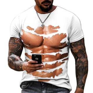 Thời Trang Mùa Hè Cá Tính Ngực Cơ abs Đồ Họa Áo Nam Hip Hop Bông Tai Kẹp 3D Ngộ nghĩnh In Hình Tay Ngắn Tee Top