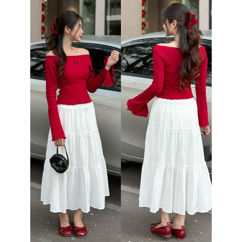 ( Có tách set) Set váy áo trễ vai tay dài phối nơ và chân váy đũi dáng dài phong cách điệu đà tiểu thư- A277, CV051