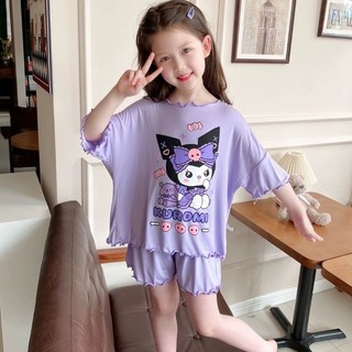 Bộ đồ ngủ tay ngắn họa tiết hoạt hình phong cách kuromi xinh xắn cho bé gái