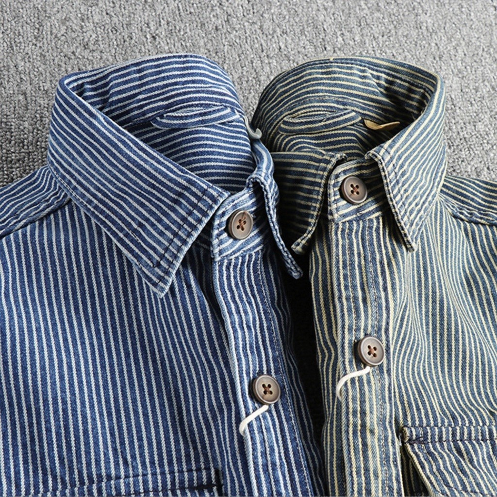 Áo sơ mi denim sọc phong cách Retro_Biker_Army