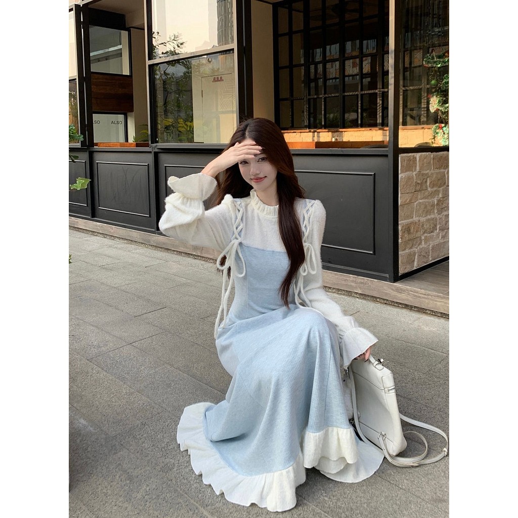 Đầm dài tay phong cách nhẹ nhàng cho phụ nữ mùa hè, phong cách Pháp mới, thanh lịch, ôm eo, đầm dài xòe