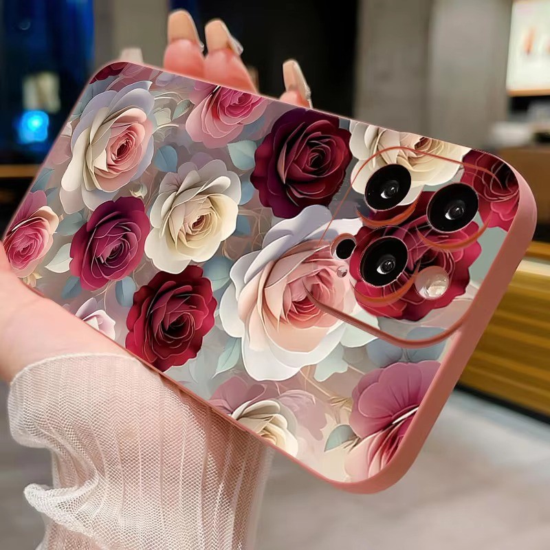 Ốp Điện Thoại Chống Sốc Họa Tiết Hoa Hồng Cho iPhone 13 11 12 14 15 16 Pro Max 16e XR X XS 7 8 Plus SE2 Matte Soft Cover