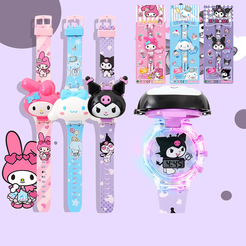 Đồng hồ trẻ em Sanrio Kuromi Led Watch 3D Melody Cinnamoroll Đồng hồ nữ Flip Luminous Music Watch cho trẻ em