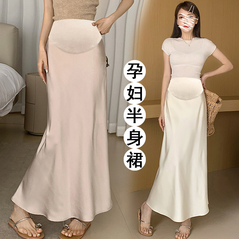 Váy Bà Bầu 2024 Phong Cách Mới Pháp Retro Satin Bánh Mì Mông Ôm Hơn Nhìn Đuôi Cá Váy Dài Bà Bầu Đáy
