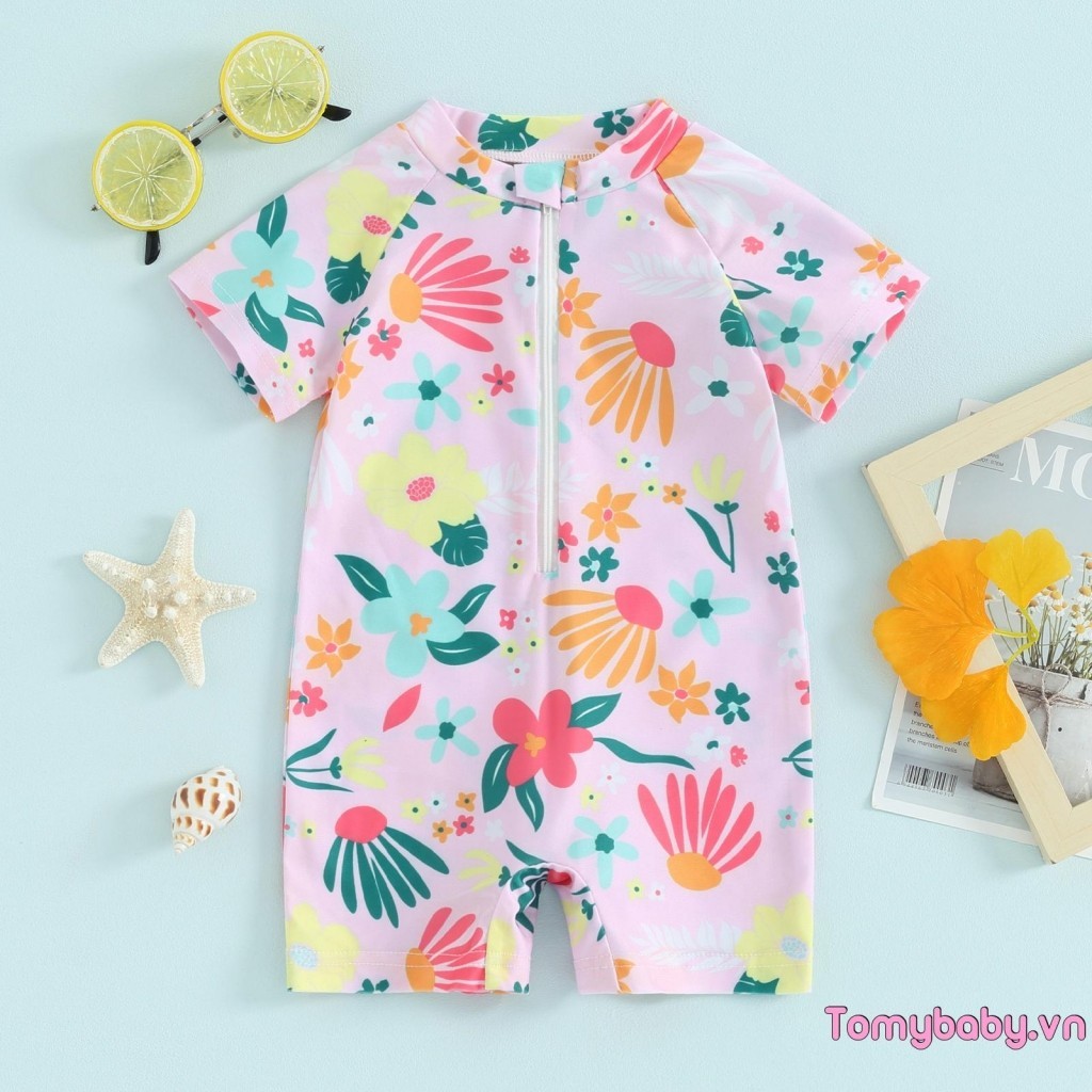 Tập Đi Bé Gái Rash Guard Rompers Đồ Bơi Tay Ngắn In Hoa Dây Kéo Đồ Bơi Cho Bé Đi Biển Mùa Hè