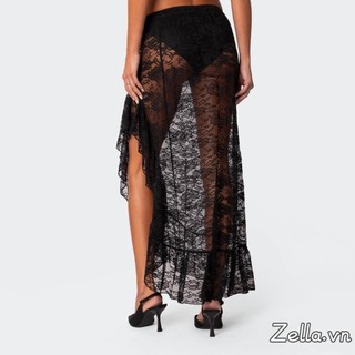 Nữ Ren Dài Váy Vintage Cao Cấp Màu Trơn Bất Đối Xứng Viền Ruffle Midi Flowy Nhìn Xuyên Qua Váy
