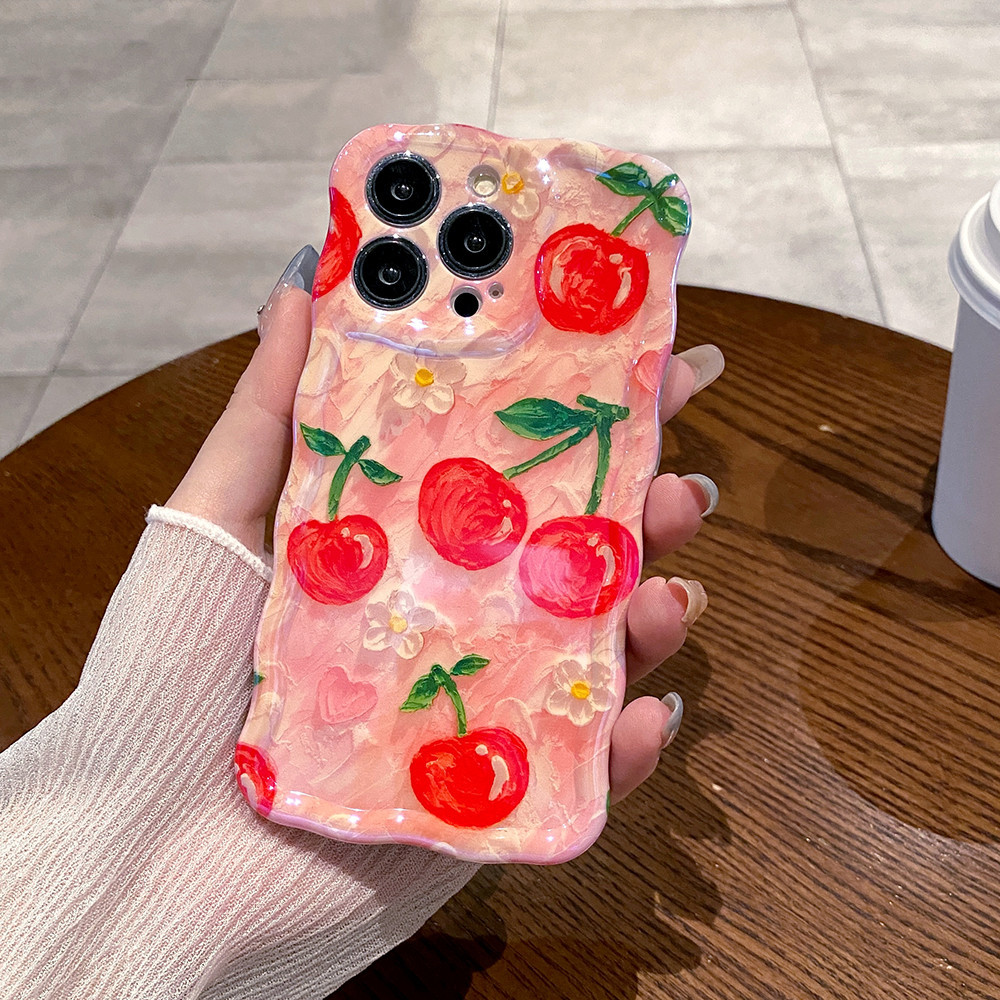 Dành Cho iPhone 15 Pro Max 14pro Max 15 Plus Tranh Sơn Dầu Anh Đào Dâu Tây Ốp Lưng Điện Thoại iPhone 12 13 14 Pro Max 12promax 15promax 13promax Mềm IMD Chống Sốc Ốp Lưng Vồng Khung