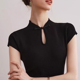 Áo thun cổ tay ngắn có nút đĩa phong cách Trung Quốc