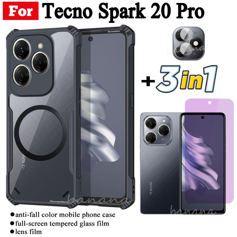 Ốp điện thoại chống sốc 3 trong 1 Tecno Spark 20 Pro có nhãn dán sạc không dây từ tính cho Tecno Spark 20 20C Bảo vệ toàn diện Kính cường lực + Phim ống kính