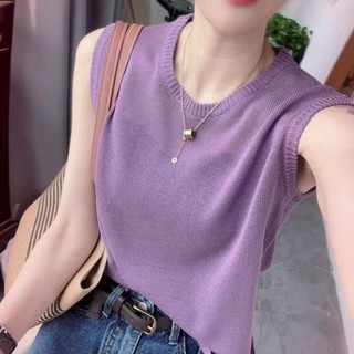 [Chất liệu Acrylic] Mùa hè 2024 Phiên bản Hàn Quốc Áo len lụa băng không tay cổ tròn đơn giản dành cho nữ Áo len mỏng hơn mọi phong cách thời trang