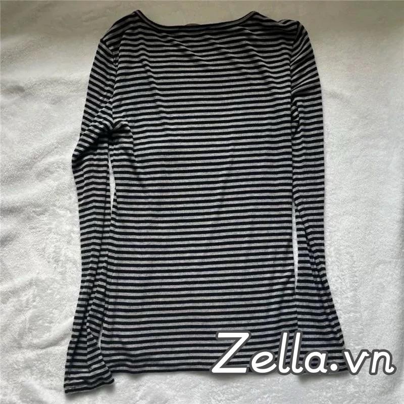 Áo thun nữ dài tay cổ tròn sọc mùa xuân Slim Fit Áo hàng ngày