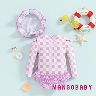 Mg-baby Girl Rash Guard Đồ bơi dài tay in hoa / kem Bộ đồ tắm cho trẻ sơ sinh Đồ bơi có mũ chống nắng