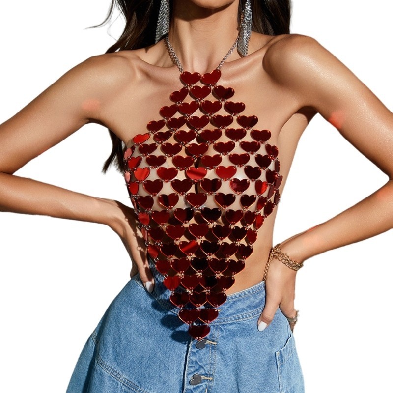 Vic Nữ Lấp Lánh Hình Trái Tim Kim Sa Lấp Lánh Bikini Cơ Thể Trang Sức Dây Lưng Cơ Thể Dây Xích Camisole Crop Top Đảng Clubwear