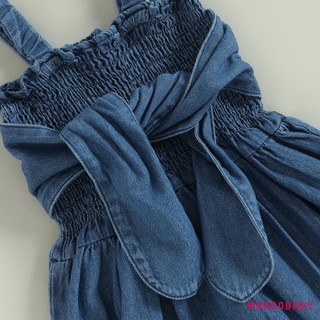 Mg-infant Girls Denim Romper Màu Trơn Nơ Ruched Không Tay Sling Bodysuits Mùa Hè Sơ Sinh Bé Playusits