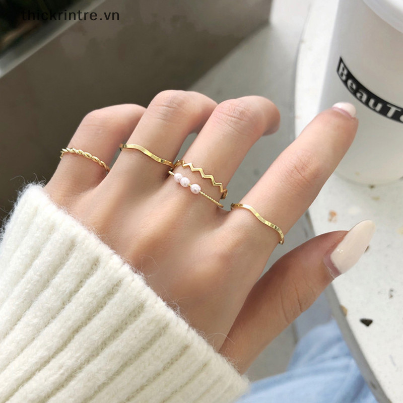Thi 5 Chiếc Phong Cách Hàn Quốc Đơn Giản Vòng Ngọc Trai Sóng Bộ Tính Khí Vàng Bạc Đuôi Nhẫn Nữ Thời Trang Đơn Giản Trang Sức Dự Tiệc Quà Tặng VN